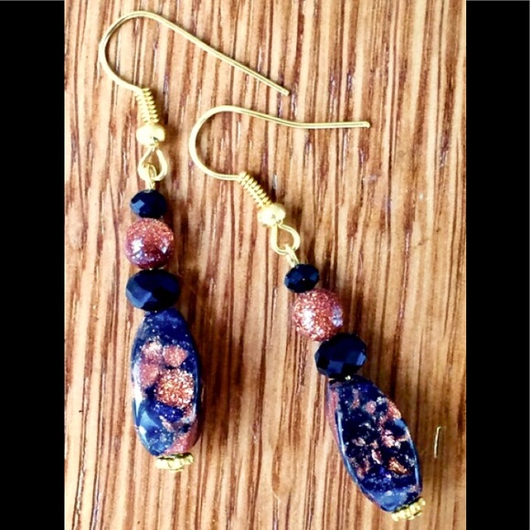 Brown Blue Marbled Goldstone Sun Sitara Galaxy Stone Twist Bead Crystal Earrings - Picture 2 of 2